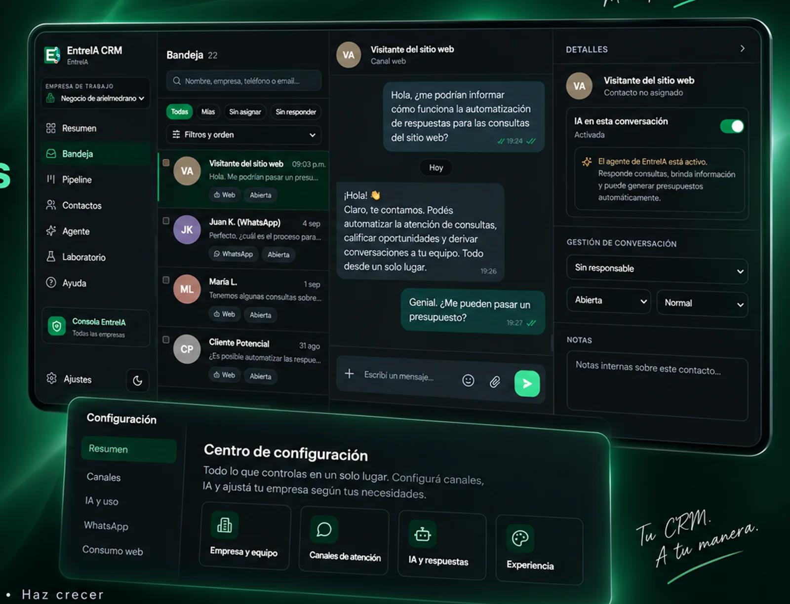 Bandeja, conversación y configuración de EntreIA CRM en tema oscuro